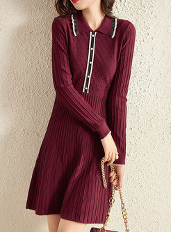 Long Sleeve Ribbed Pleated Short Sweater Dress