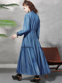 Long Sleeve Drawstring Maxi Denim Dress