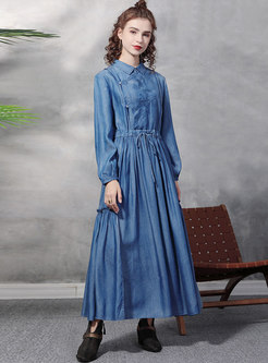 Long Sleeve Drawstring Maxi Denim Dress