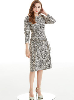Leopard Crew Neck Long Sleeve Ruched Midi Dress