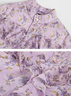 Purple Floral Ruffle Belted Slim Down Coat