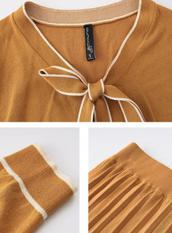 V-neck Long Sleeve Ribbon Sweater & Pleated Midi Skirt
