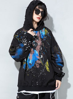 Tie-dye Patchwork Ripped Pullover Hoodie