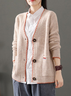 V-neck Long Sleeve Loose Button-down Cardigan