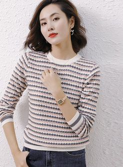 Crew Neck Striped Cable-knit Pullover Sweater