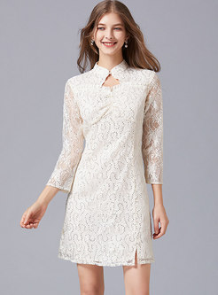 Mandarin Collar Openwork Lace Sequin Short Dress