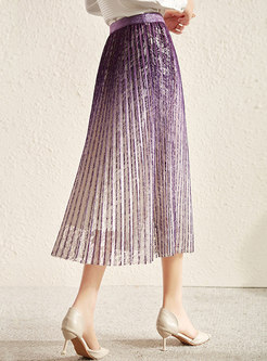 High Waisted A Line Pleated Lace Maxi Skirt