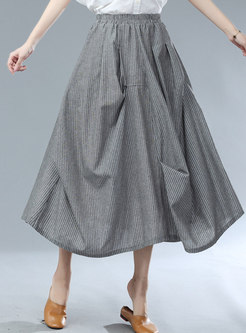 High Waisted Striped Asymmetric Long Skirt