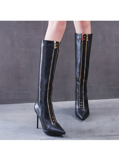 Pointed Toe Front Zipper High Heel Mid-calf Boots