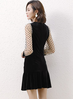 V-neck Polka Dot Ruched Velvet Short Dress