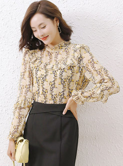 Mock Neck Pullover Floral Chiffon Blouse