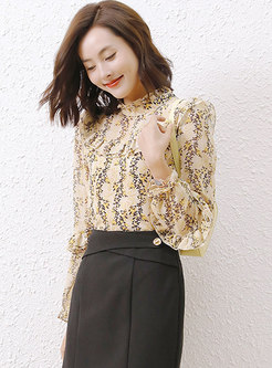 Mock Neck Pullover Floral Chiffon Blouse