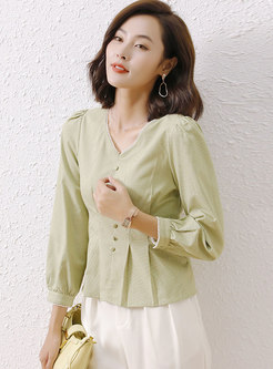 V-neck Long Sleeve Pullover Pearl Blouse