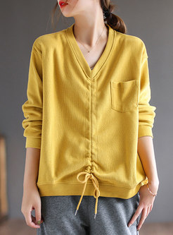 V-neck Drawstring Pullover Loose Sweatshirt