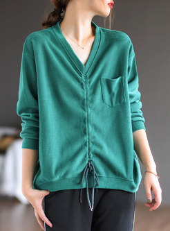 V-neck Drawstring Pullover Loose Sweatshirt