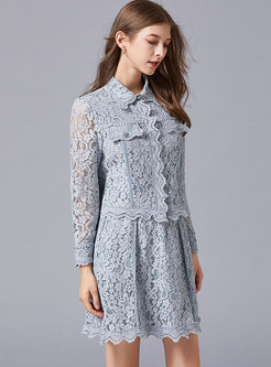Long Sleeve Lace Openwork Short Skirt Suits