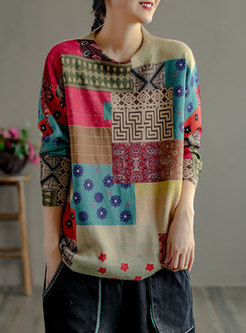 Crew Neck Pullover Geometric Print Sweater