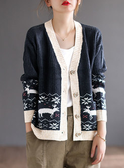 V-neck Single-breasted Print Sweater Cardigan