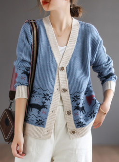 V-neck Single-breasted Print Sweater Cardigan