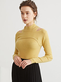 Turtleneck Long Sleeve Cold Shoulder Wool Sweater