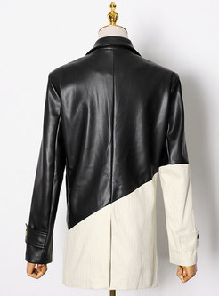 Color-blocked One Button Leather Loose Blazer