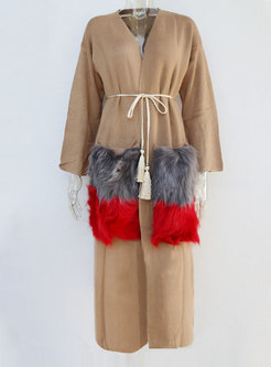V-neck Fur Patchwork Long Cardigan Coat