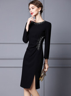 Crew Neck Long Sleeve Beaded Ruched Cocktail Dress