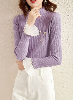 Chiffon Patchwork Pullover Ribbed Sweater