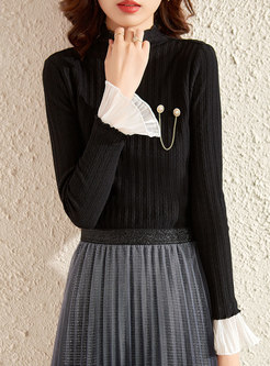 Chiffon Patchwork Pullover Ribbed Sweater