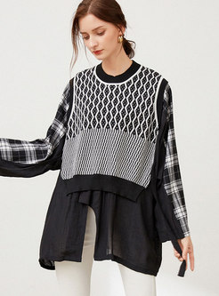 Plus Size Plaid Patchwork Pullover Knitted Top