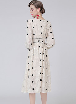 V-neck Long Sleeve Polka Dot Cute Midi Dress