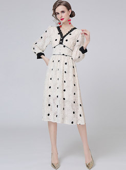 V-neck Long Sleeve Polka Dot Cute Midi Dress