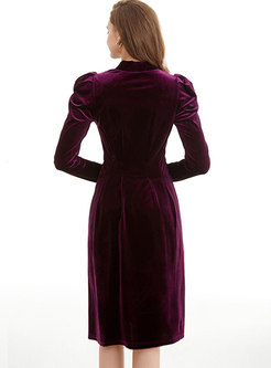 Long Sleeve Ruched Velvet Knee-length Dress