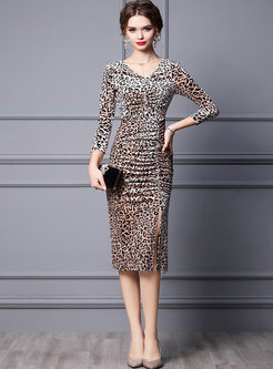 V-neck Leopard Ruched Sexy Cocktail Mermaid Dress
