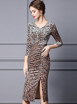 V-neck Leopard Ruched Sexy Cocktail Mermaid Dress