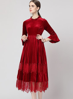 Flare Sleeve Lace Velvet Midi Wedding Party Dress