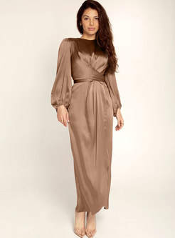 Crew Neck Long Sleeve Satin Ruched Party Dress