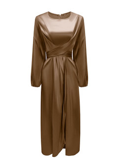 Crew Neck Long Sleeve Satin Ruched Party Dress