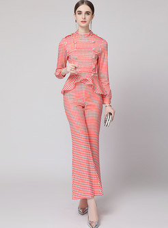 Houndstooth Ruffle High Waisted Flare Pant Suits