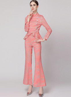 Houndstooth Ruffle High Waisted Flare Pant Suits