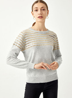 Crew Neck Long Sleeve Sequin Pullover Sweater