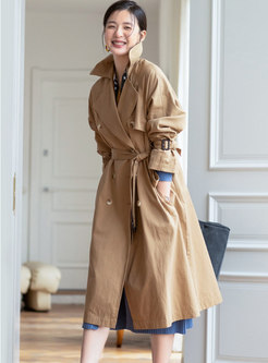 Casual Double-breasted Straight Long Trench Coat