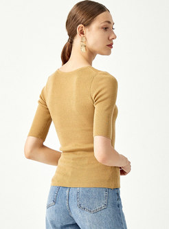 V-neck Half Sleeve Ribbed Pullover Sweater