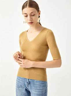 V-neck Half Sleeve Ribbed Pullover Sweater