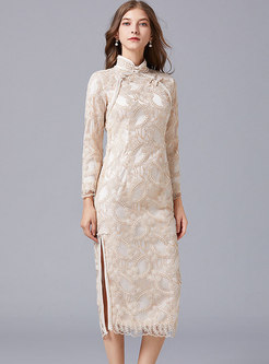 Long Sleeve Lace Embroidered Midi Cheongsam