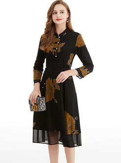 Mandarin Collar Long Sleeve Print Midi Dress