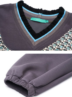 V-neck Long Sleeve Jacquard Pullover Sweatshirt