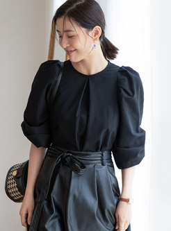 Crew Neck Puff Sleeve Pullover Loose Blouse