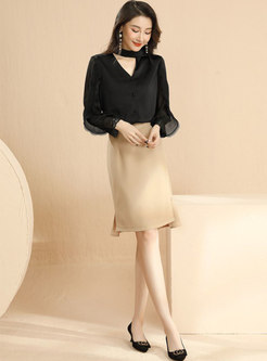 Solid Ribbon Single-breasted Long Sleeve Blouse