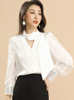 Solid Ribbon Single-breasted Long Sleeve Blouse